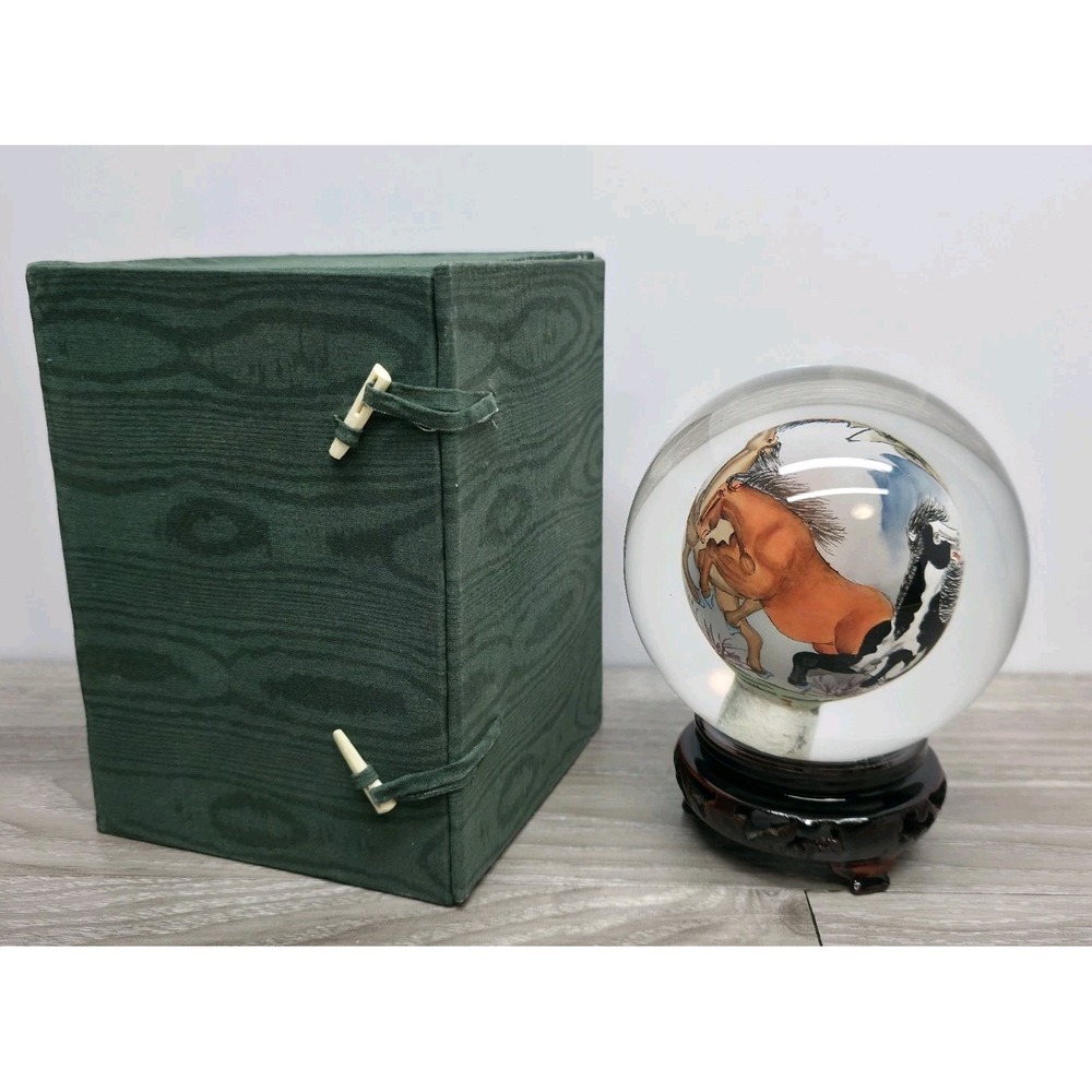 Dynasty Collection Crystal Ball, Hand Painted Horse Design - Wood Base And Case